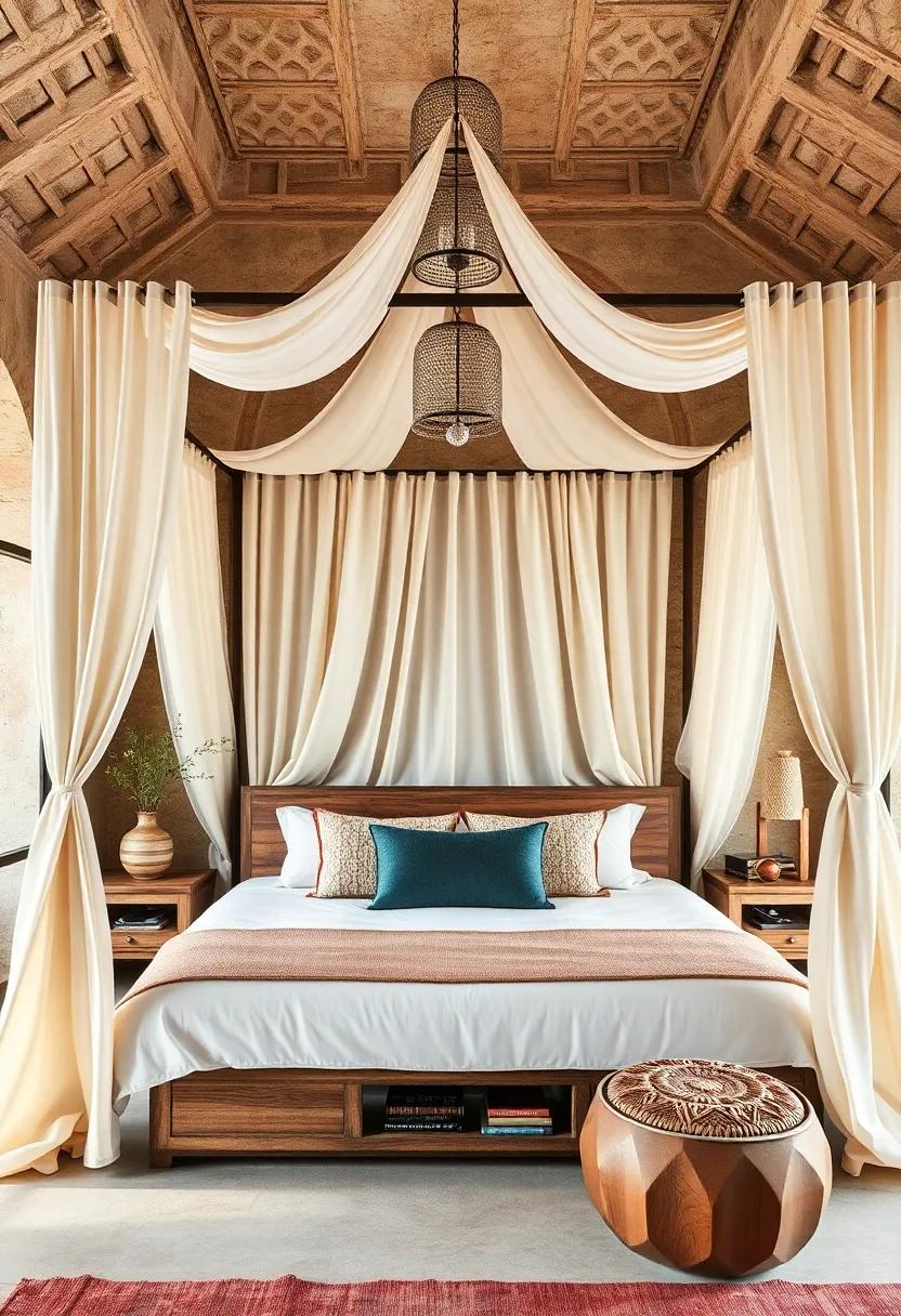 A canopy bed with⁢ billowing cream drapes and‌ distressed⁢ wood ⁣evokes the timeless ‍charm of Moroccan desert dwellings