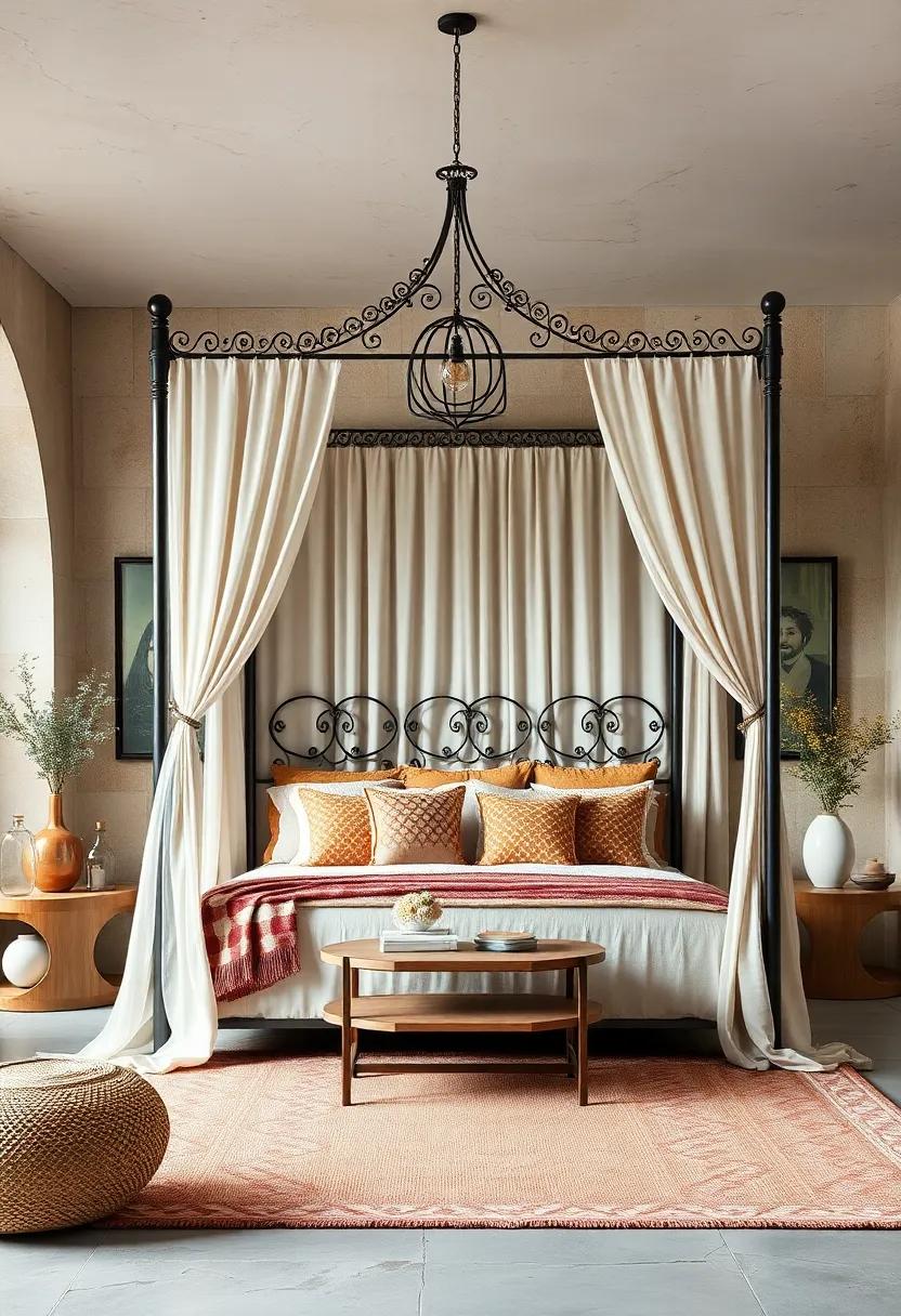 Delicate ‌metalwork frames this⁤ canopy bed, ‌paired ‍with flowing patterned‌ fabrics ‌in warm hues for a cozy ⁤yet luxurious ​retreat