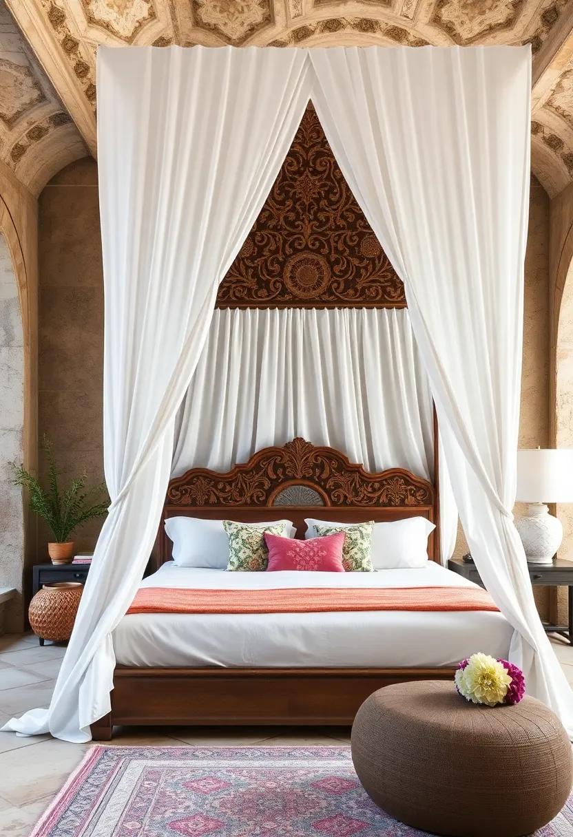 Embrace exotic ‌elegance with this intricately carved ⁣wood canopy bed,draped‌ in sheer white linens that invite tranquility and charm