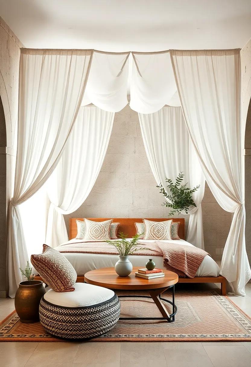 Gentle, flowing fabrics in muted pastels‍ soften ​the‌ strong architectural lines of‍ this canopy, evoking a calm ​Moroccan ⁢oasis