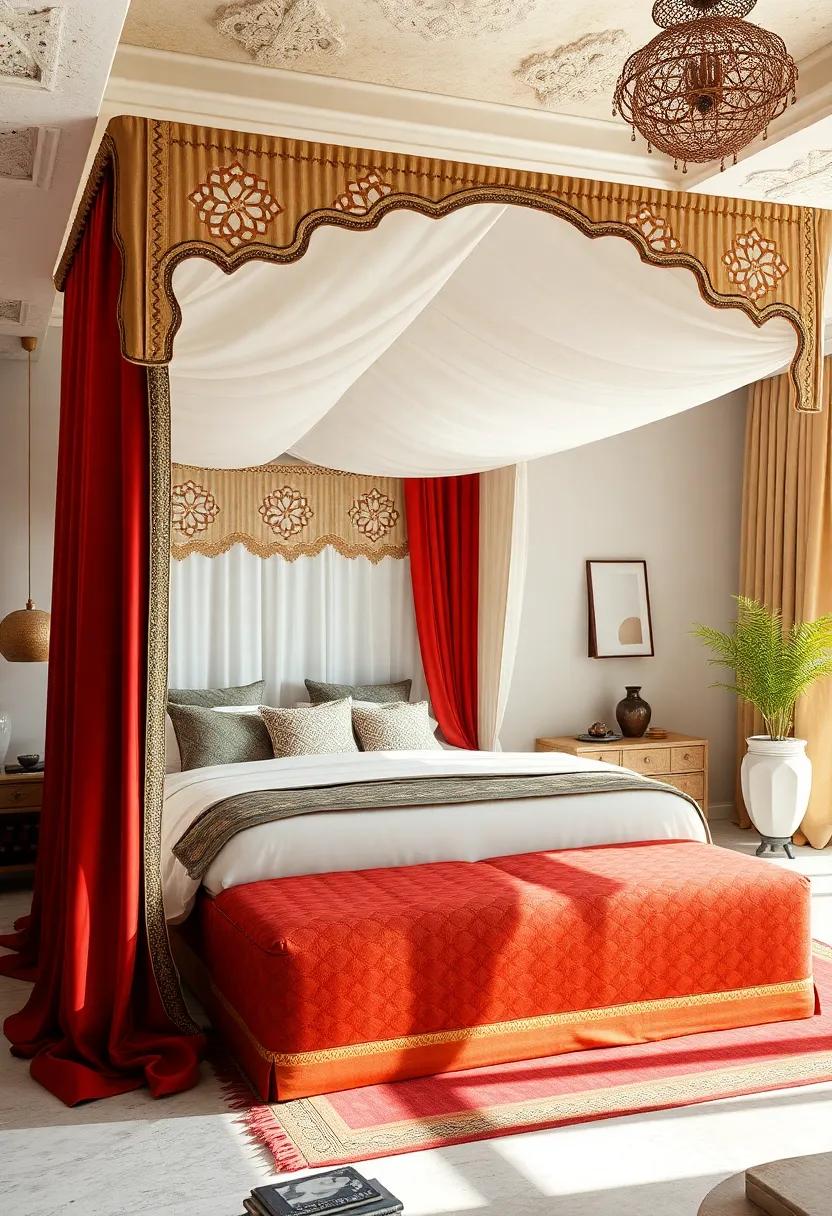 Intricate fretwork on canopy panels paired​ with‌ drapes in⁣ rich crimson‌ and gold create a dramatic centerpiece for⁢ any ‍bedroom