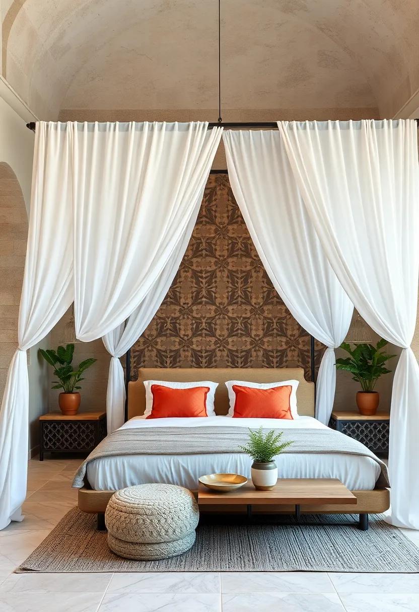 Light, ⁤airy white drapes hang ​gracefully over ornately detailed latticework,⁣ channeling Moroccan courtyard vibes inside the bedroom