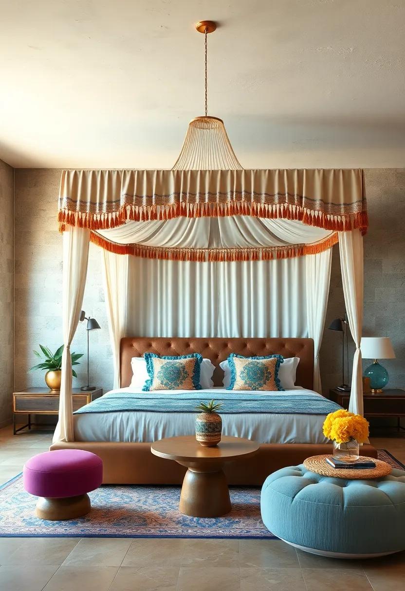 A low-profile canopy bed with ⁢colorful tassels and embroidered drapes offers⁤ a festive touch inspired by Moroccan ⁢souks