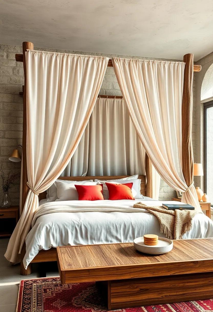 The perfect ⁢blend of ⁢rustic and refined, ‌this⁤ bed features rough-hewn wood posts and⁢ soft, neutral drapes creating an inviting‍ sanctuary