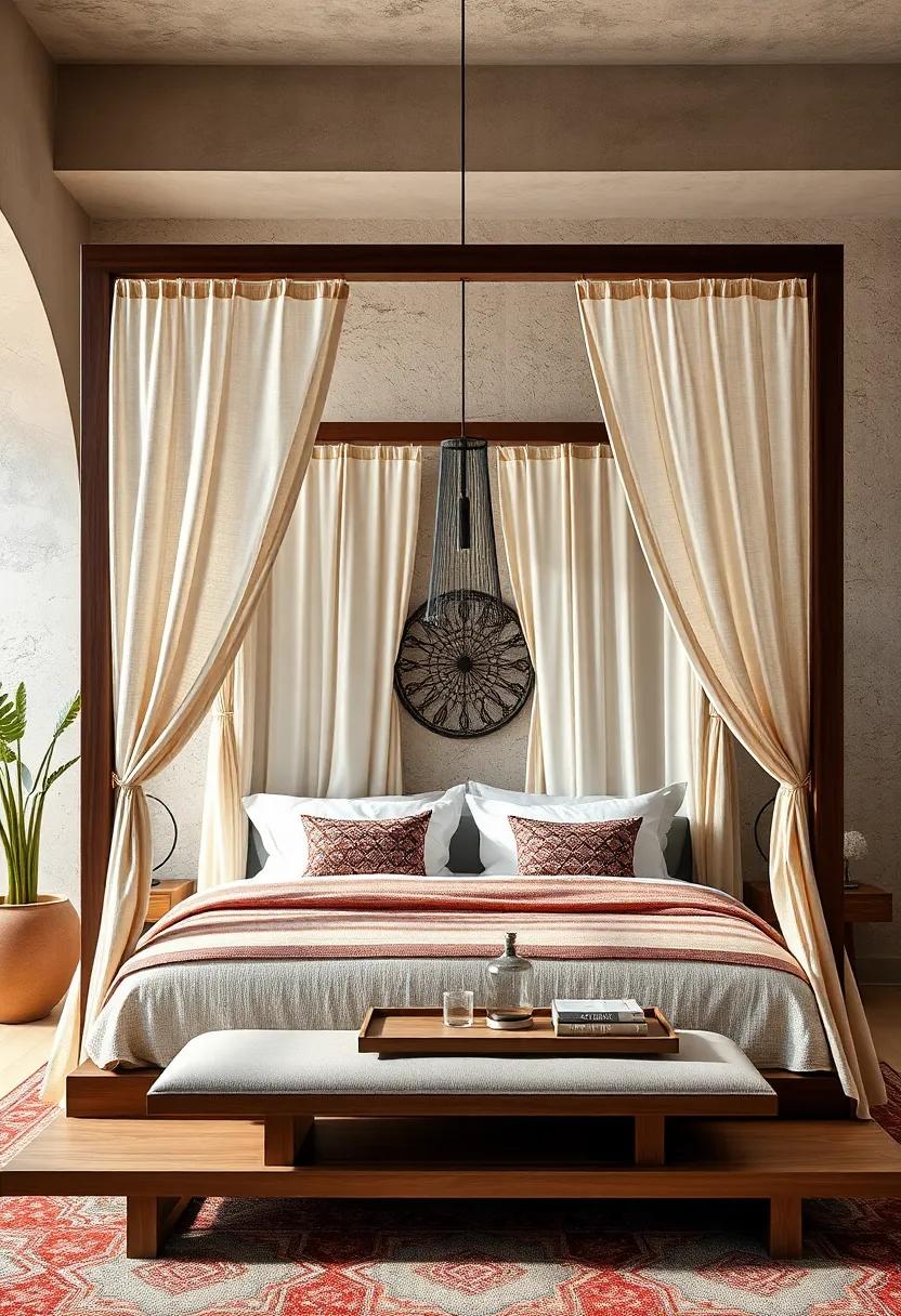 sleek, ⁢minimalist wood framing balanced‌ with textured, neutral-toned drapes delivers subtle Moroccan influence in modern style