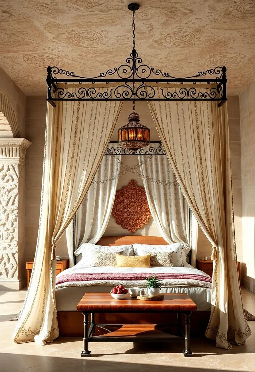Softly patterned,⁤ translucent drapes hang from a wrought iron canopy,⁣ evoking the delicate artistry‌ of Moroccan ‌metalwork