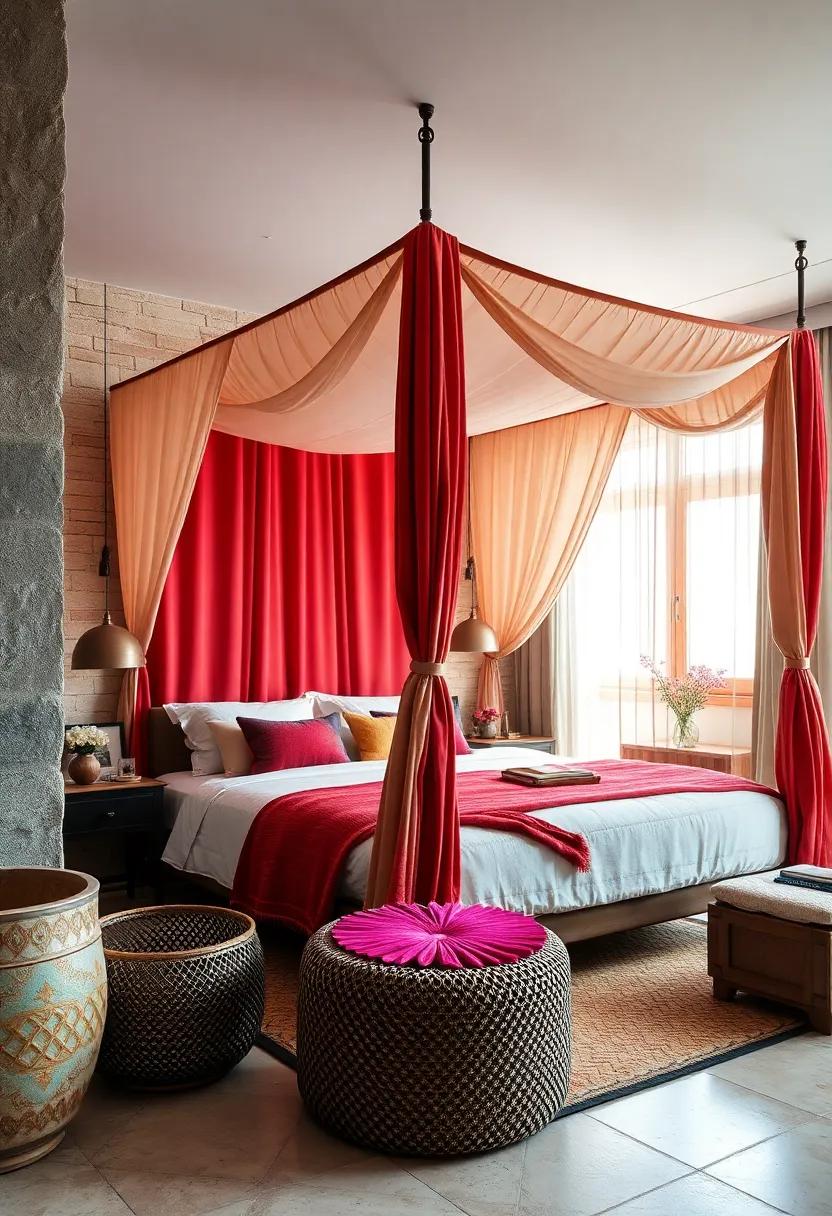 A statement ⁤canopy ​bed with layered⁣ drapes⁤ combining ⁢bold colors​ and ​subtle ‌textures⁢ captures the ​essence ‌of Moroccan luxury and⁣ comfort