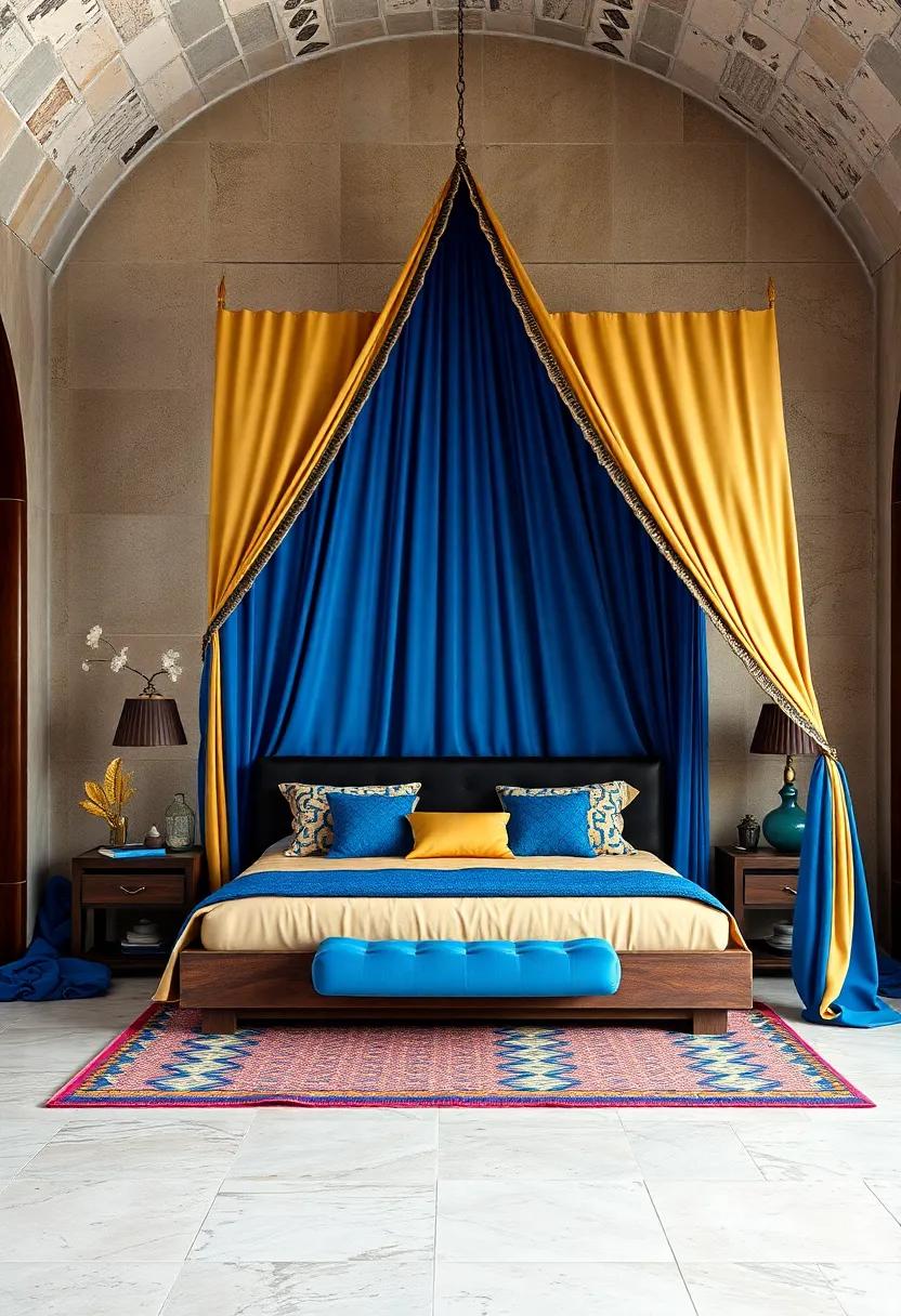 This canopy⁤ bed‌ features bold ‌blue and gold drapes,reminiscent of Moroccan‍ tilework,adding ‌a regal touch to your bedroom