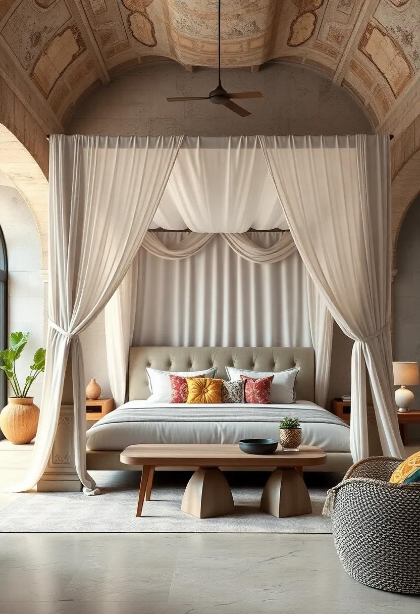 This canopy ‌bed features carved pillars wrapped ⁣in ⁣delicate silk drapes,blending⁣ tradition ‍and luxury effortlessly