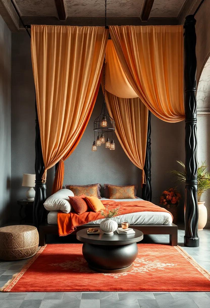 Warm amber ‌and terracotta fabrics drape around ⁤dark, ⁤sculpted⁤ wood posts, creating an inviting Moroccan-inspired ​haven