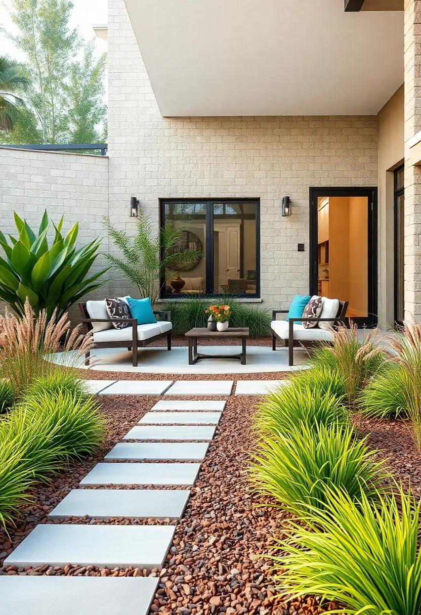 Lush Maiden Grass borders Mulched Garden Beds