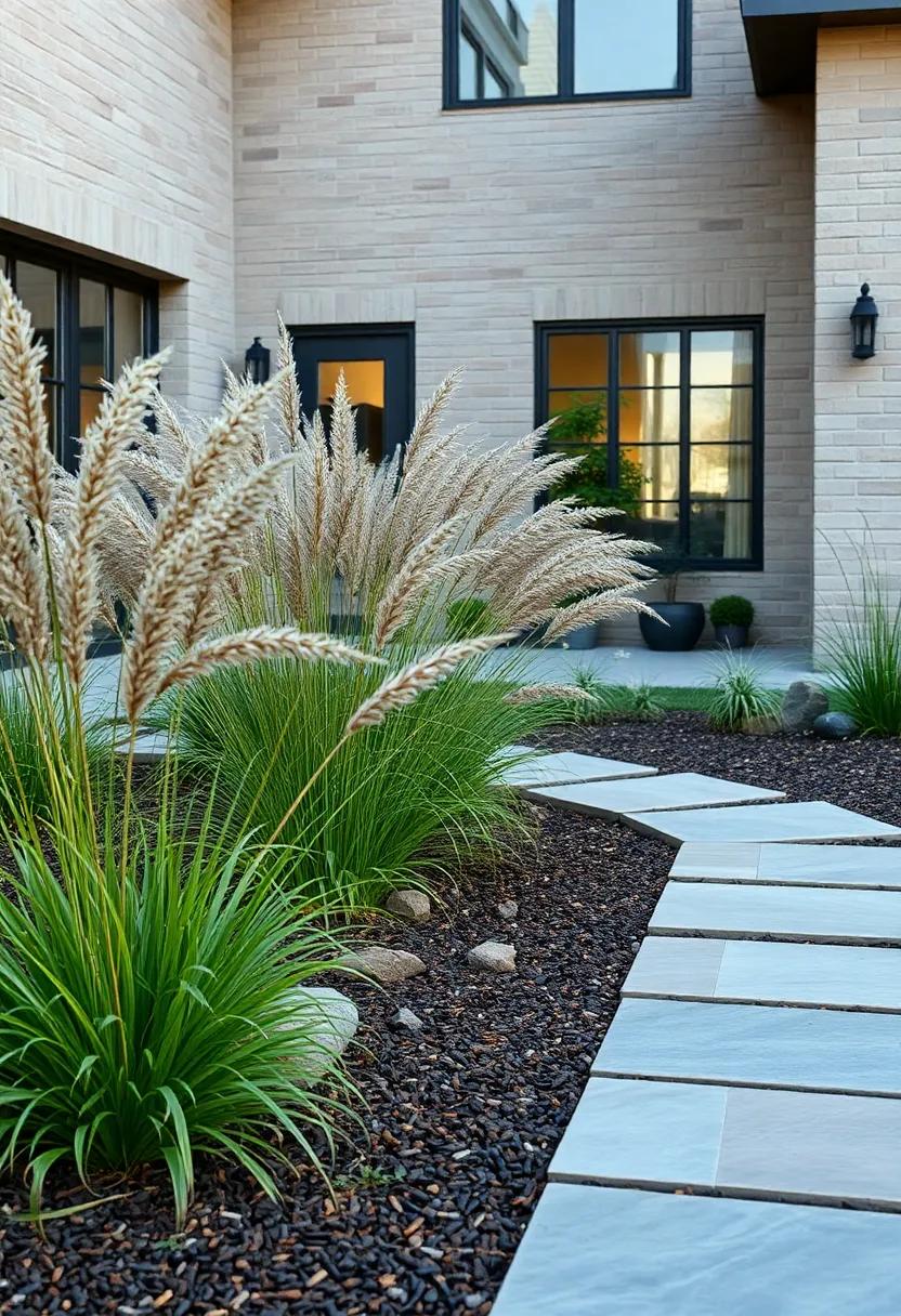 Wind-Swept Prairie ‍Grass Creating Movement Over Mulched Beds
