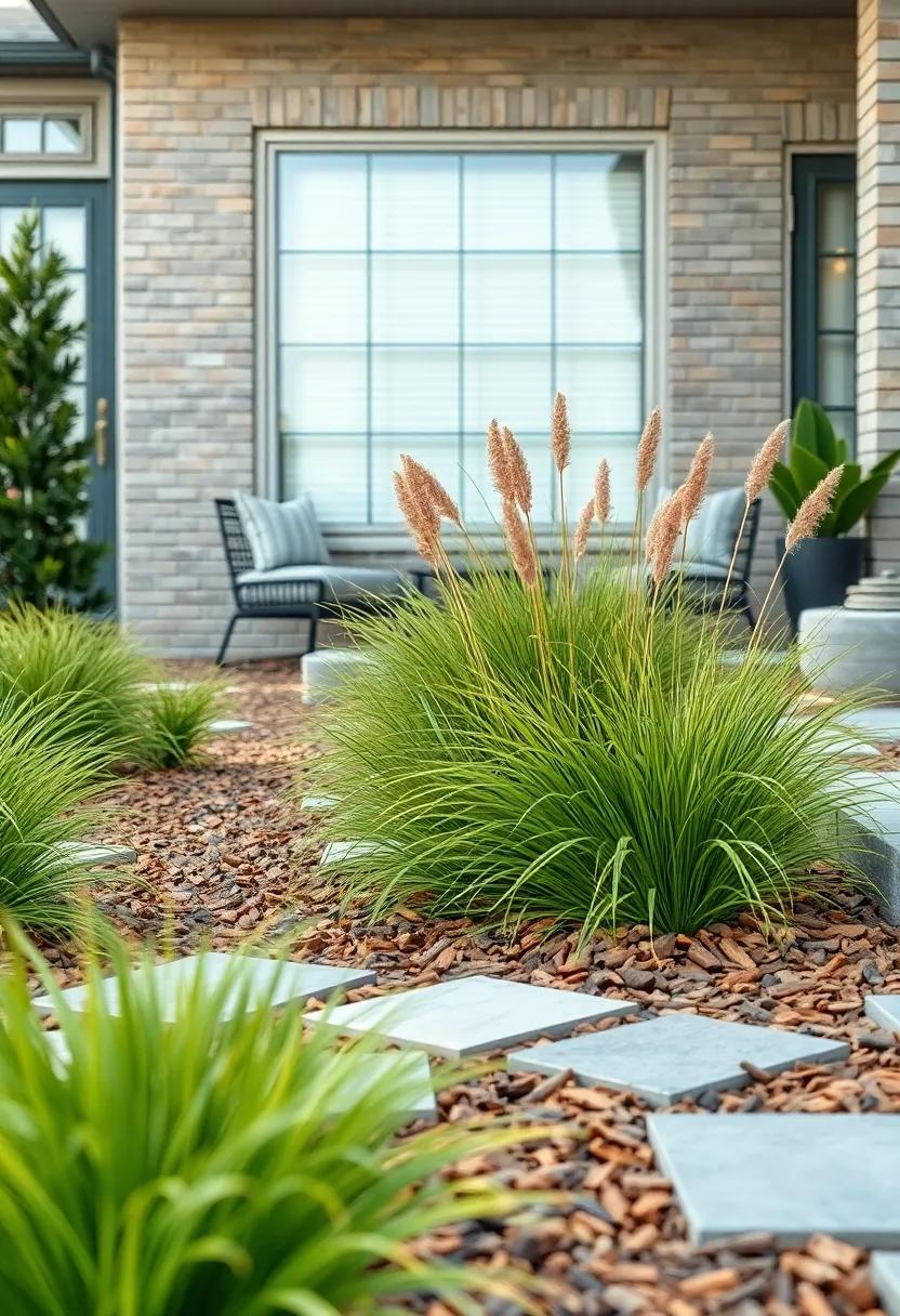 Ornamental Grass Tufts Nestled in Natural Cedar Mulch