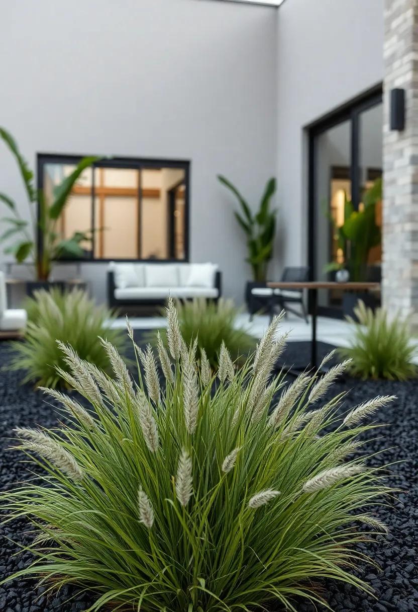 Fine Textured ⁢Mexican Feather Grass on Black ‍Mulch