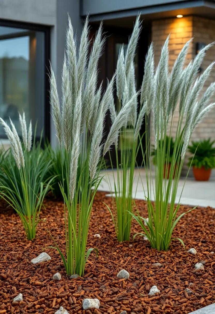Cascading⁢ Silver Grass Heads floating Above Mulched⁣ Earth