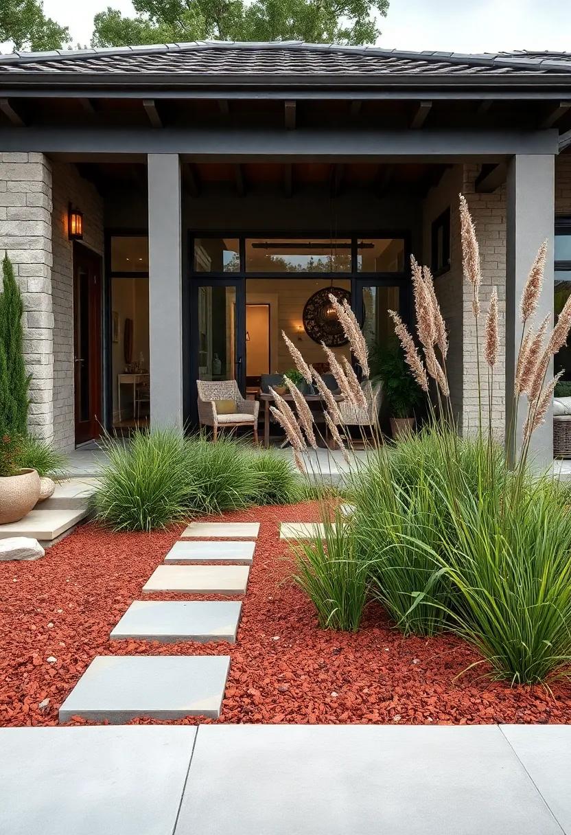 Whispering Switchgrass with Deep Red⁣ Mulch Contrast