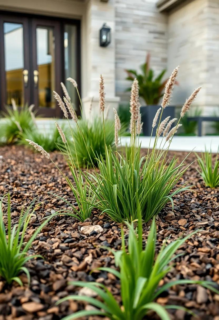 Compact deschampsia Cespitosa Sprouting‍ Through Brown mulch