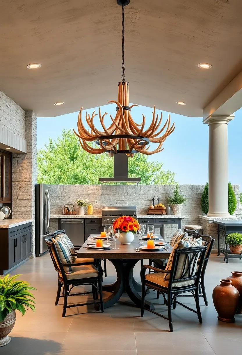 Antler Chandelier: Hang a faux or real antler chandelier above ⁤your outdoor dining space ​as⁢ a rustic ‌statement piece