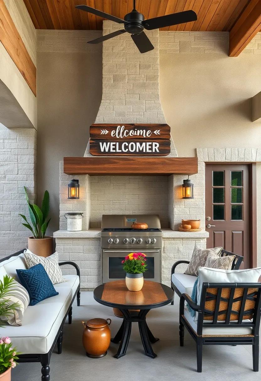 Hand-Painted Signage: personalize your​ outdoor kitchen with hand-painted wooden signs featuring welcoming or humorous messages