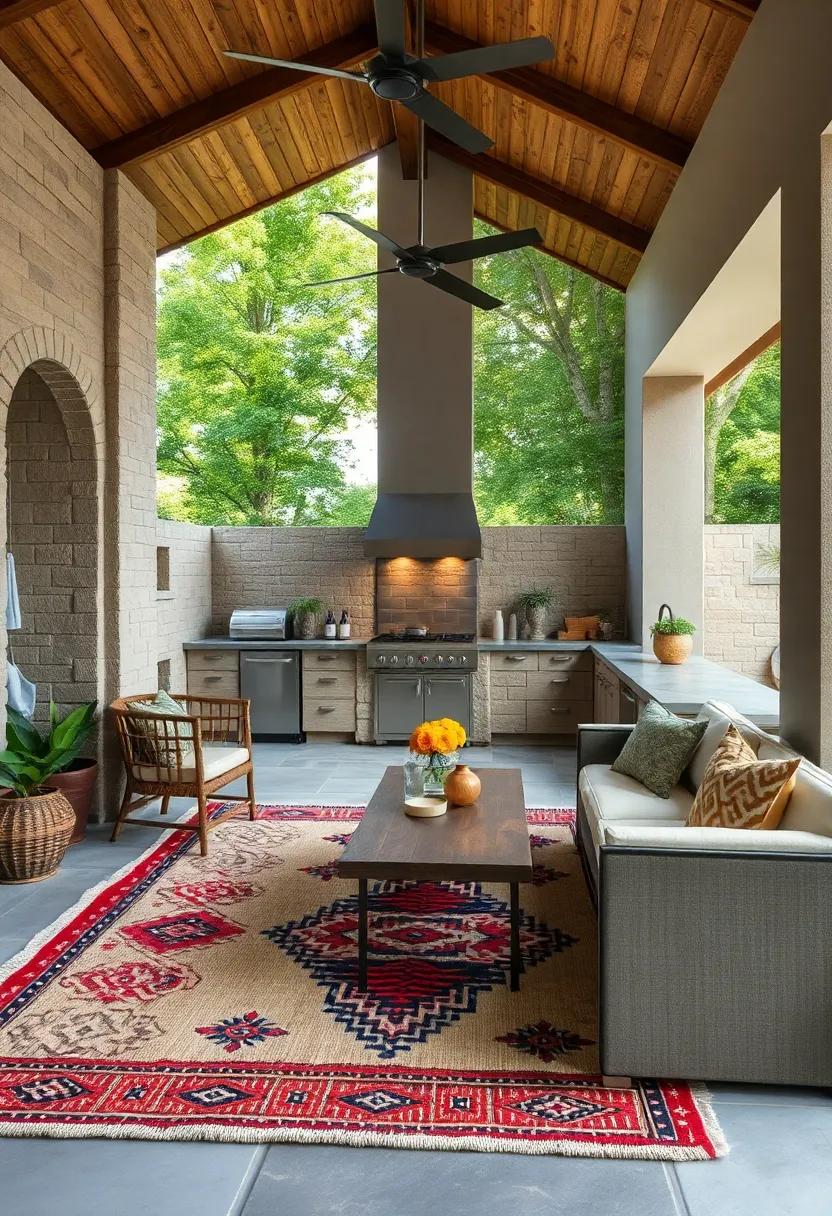 outdoor Rug with Earthy Patterns: Layer natural fiber rugs featuring tribal or floral motifs to soften your outdoor kitchen floor