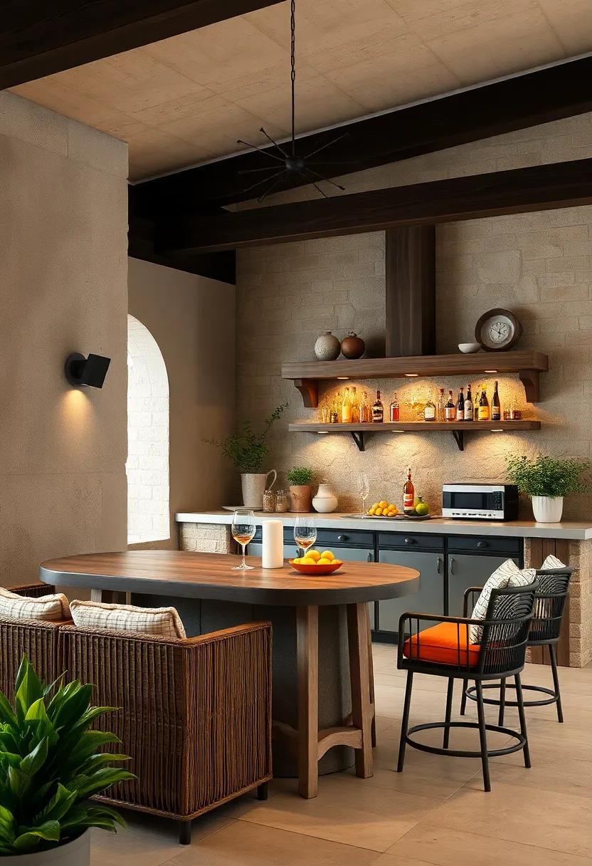 Rustic Bar Area: Design a bar using rough-hewn wood and stone, perfect for serving drinks and entertaining guests
