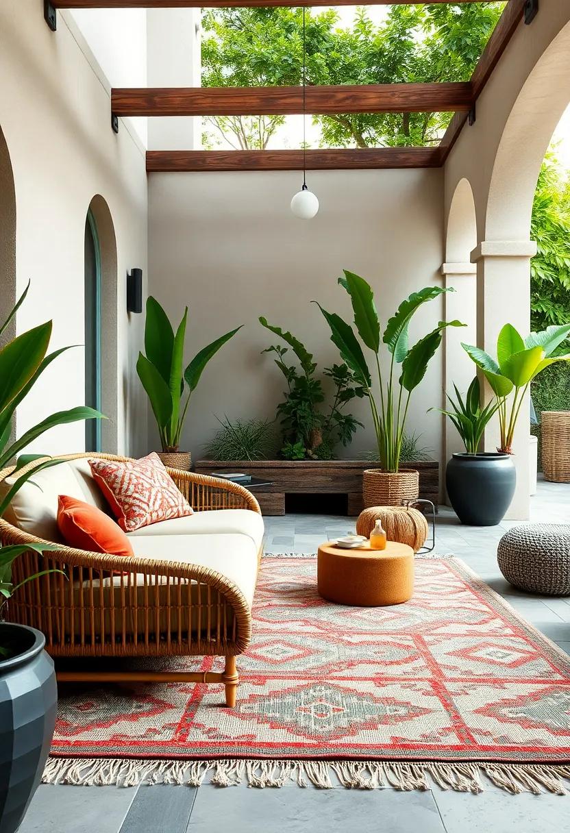 A ​bamboo lounge set alongside a bold Moroccan-inspired area ⁤rug for an exotic⁤ touch