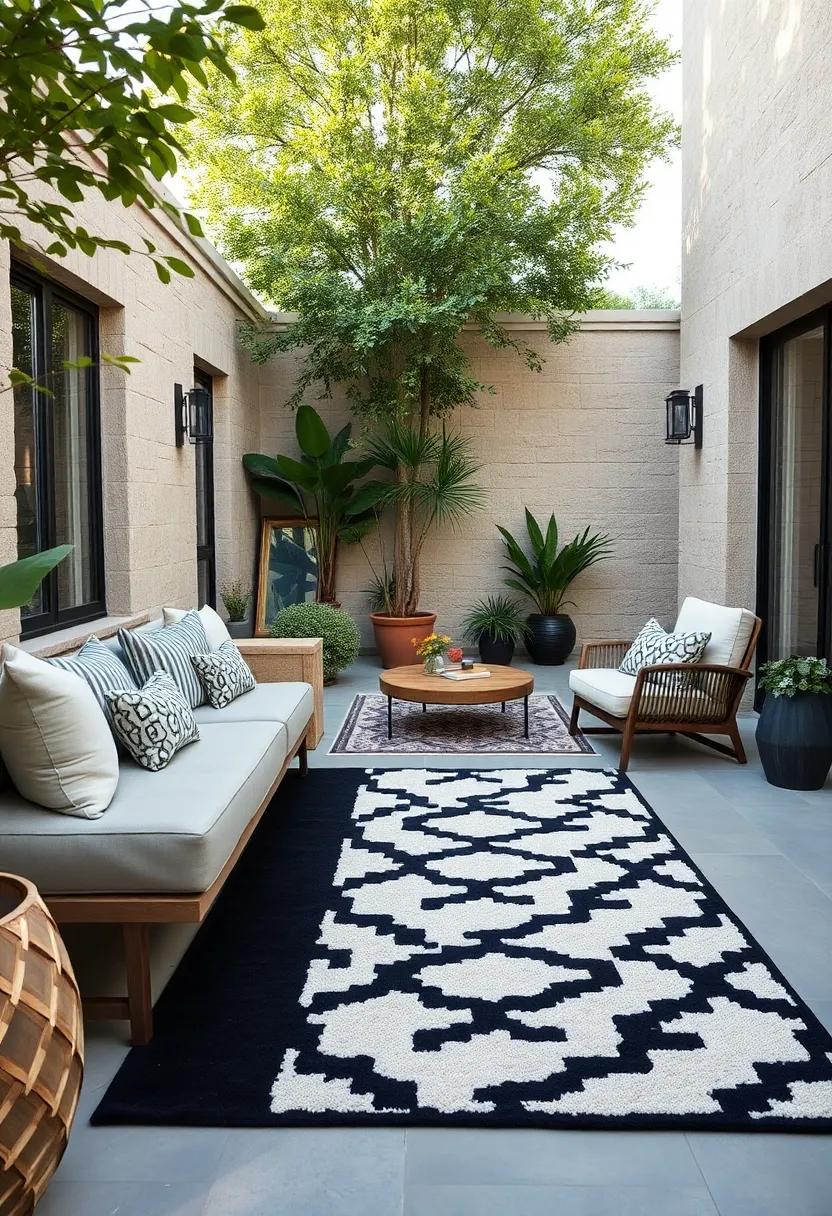 A bench with plush cushions paired with a geometric black and white outdoor rug for modern contrast