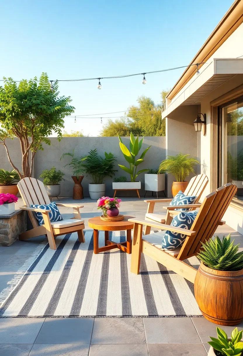 A classic Adirondack chair set with a⁤ striped ⁤cotton rug,⁣ perfect for seaside patios