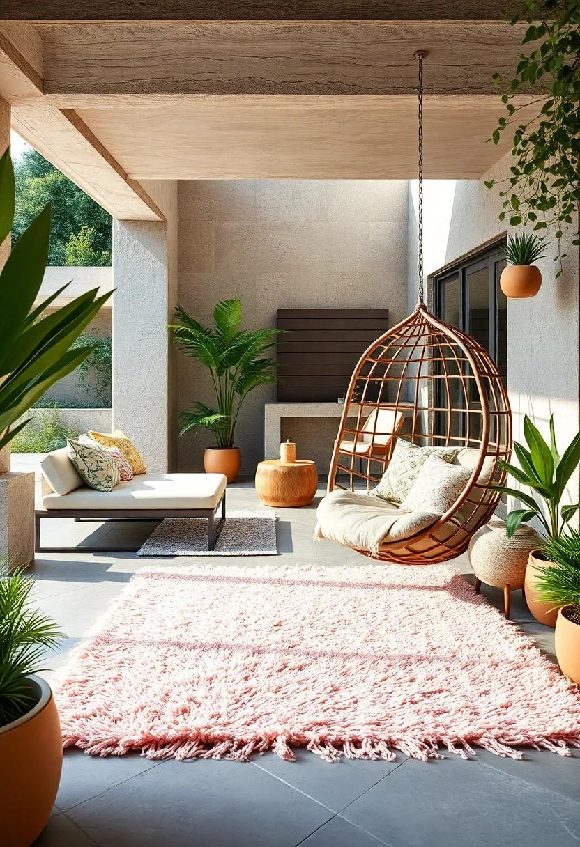 A cozy hanging egg chair matched with a⁤ soft, pastel-colored shag rug for ‌ultimate comfort