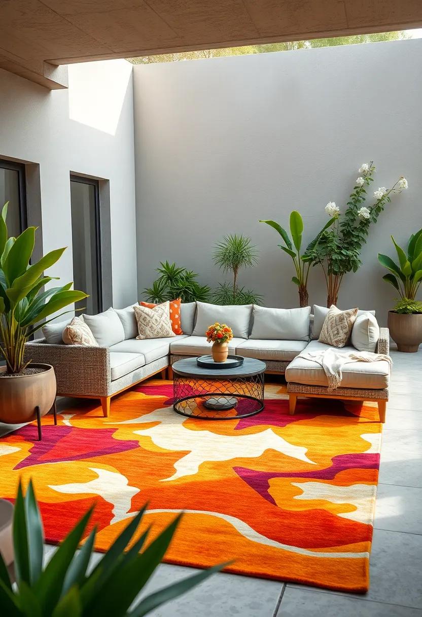 A cozy ‍L-shaped sectional set atop a large bright⁢ abstract rug for a ⁣lively yet relaxed setting