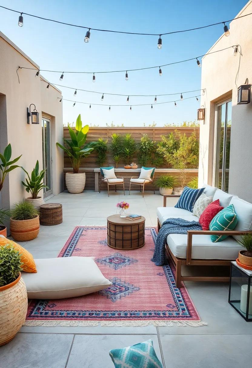 A cozy​ loveseat adorned ⁣with throw pillows and a handwoven kilim ‍rug ​for layered texture
