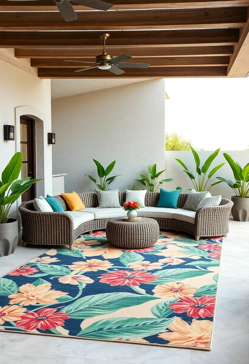 A curved rattan sectional ‌accompanied by a floral patterned outdoor ⁢rug for ⁢a tropical ⁢vibe