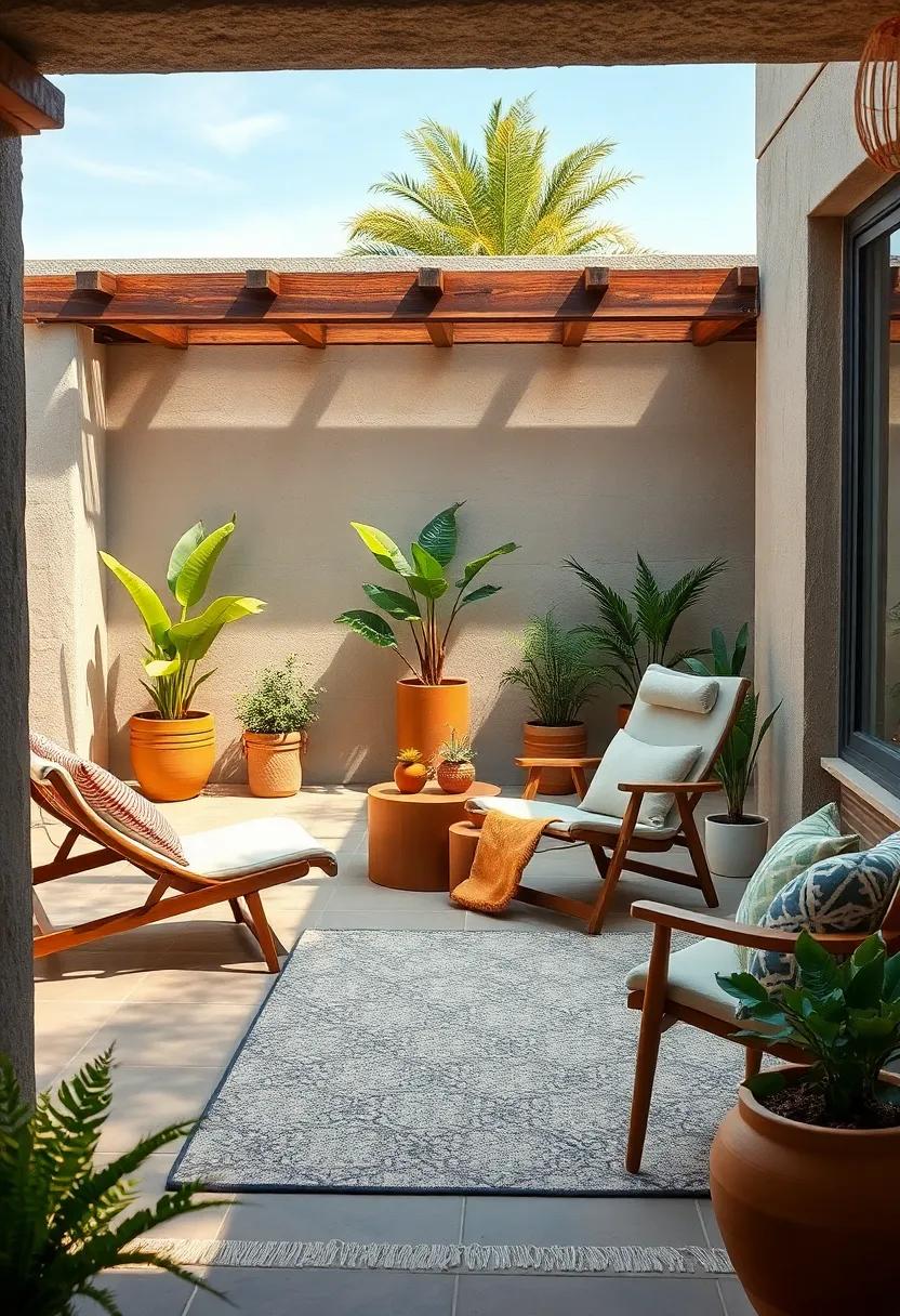 A foldable sling chair and a small patterned ⁢flatweave rug for a compact,⁢ inviting corner