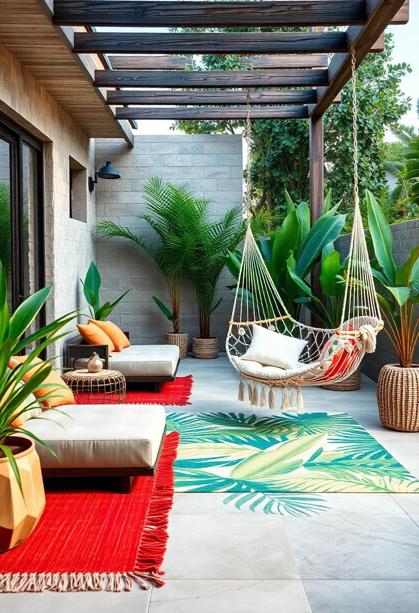 A hammock chair⁣ hung over ⁣a tropical leaf-patterned rug for a laid-back ​oasis