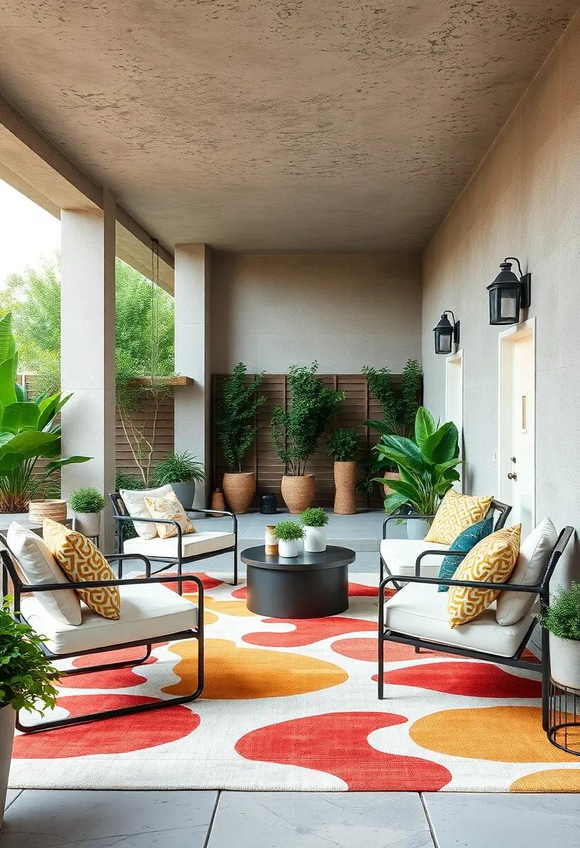 A ⁤metal frame lounge chair set with a⁤ bold abstract print rug to energize the space