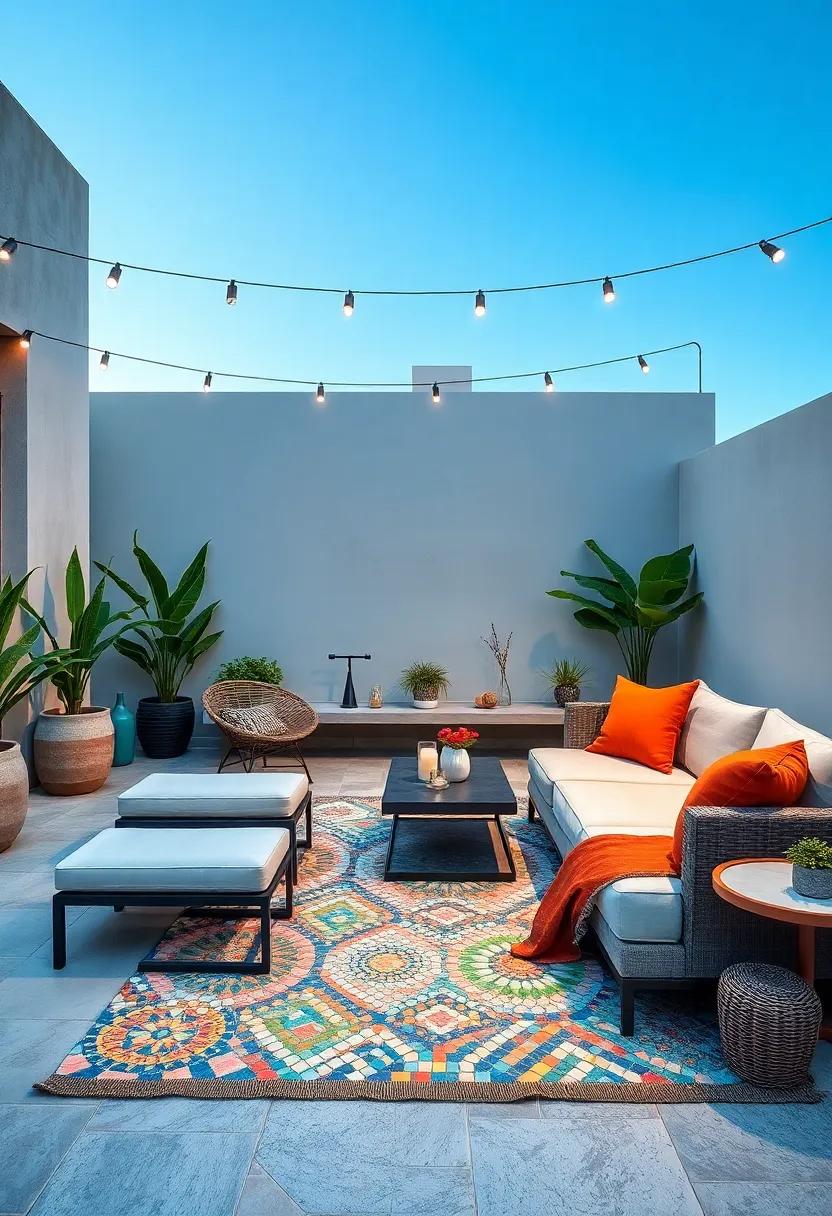 A​ modular outdoor sectional paired with a colorful mosaic⁢ tile rug for an ‌artistic ‍flair