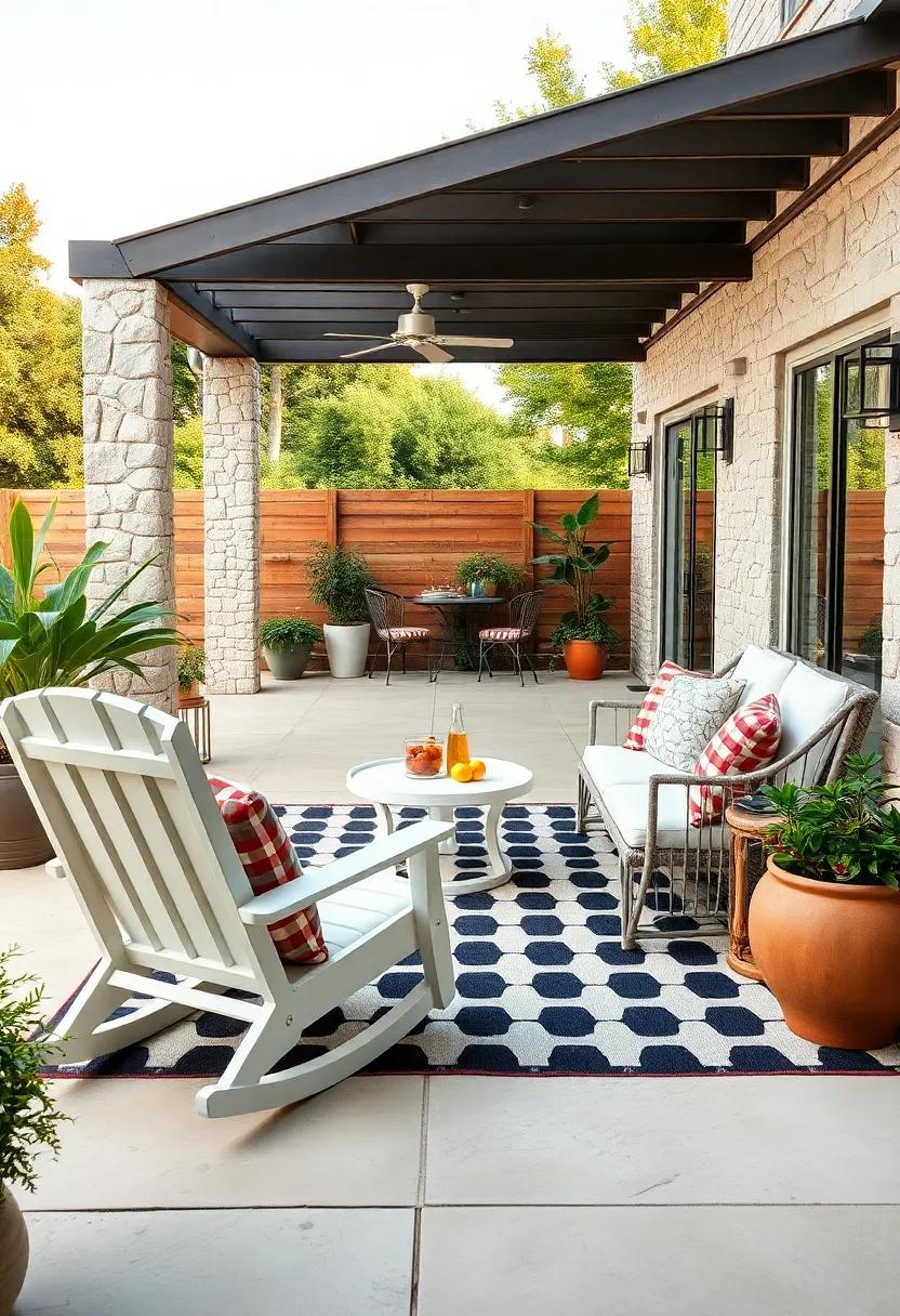 A⁤ painted wood rockers set combined with⁢ a checkerboard patterned rug for playful charm