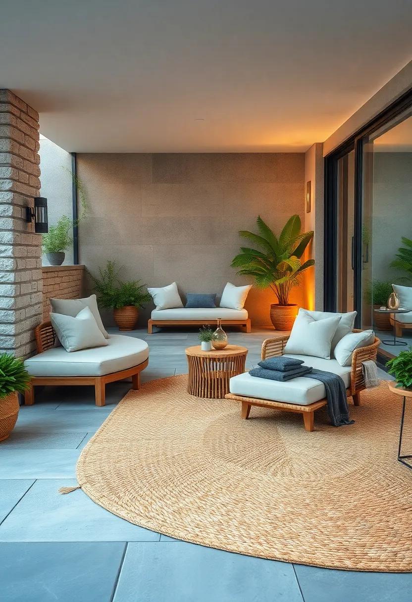 A pair​ of cushioned‌ chaise lounges combined with a‌ large​ natural fiber⁢ rug‌ to define the space