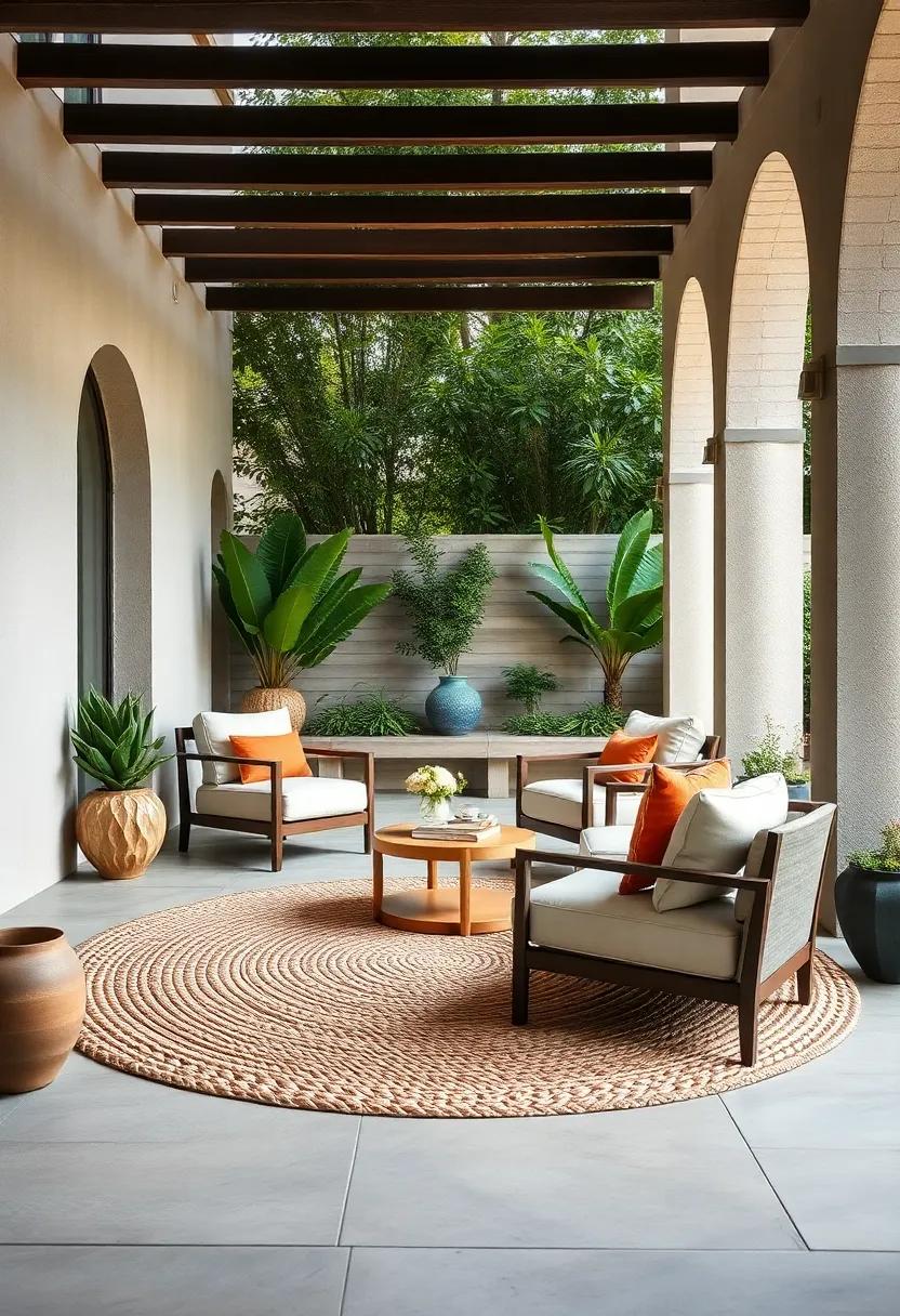 A pair‍ of deep-seated ‍club chairs‌ and a circular braided rug to encourage intimate conversations