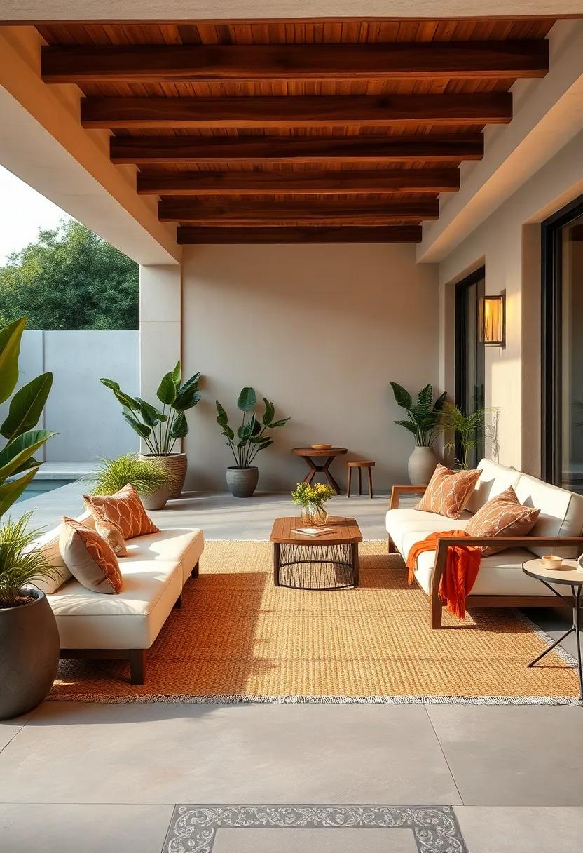 A plush outdoor sofa paired with a weather-resistant sisal rug, blending luxury with durability