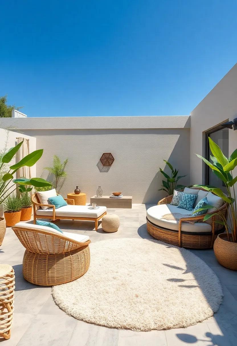 A rounded bamboo daybed complemented by a ⁤soft,cloud-like shag rug in neutral tones