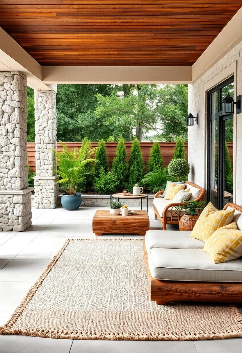 A rustic log ‍bench and a thick braided rug⁢ for cabin-style comfort on ⁣your patio