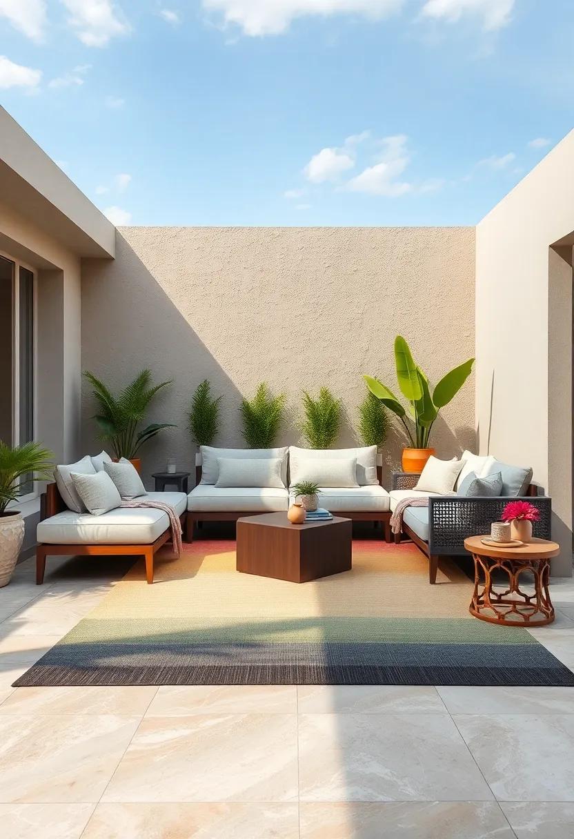A‌ sleek, low-profile sofa with an ombre gradient ⁣outdoor rug‌ to create ⁣a soothing atmosphere