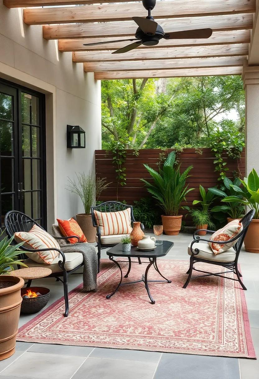 A vintage‍ wrought iron loveseat matched with a muted Persian-style outdoor rug for‍ timeless charm