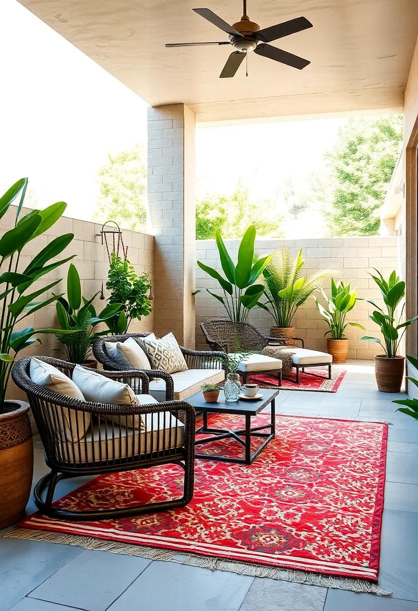 A⁢ wicker loveseat paired ⁢with ‌a vibrant geometric rug creates a rustic ‍yet⁤ modern retreat