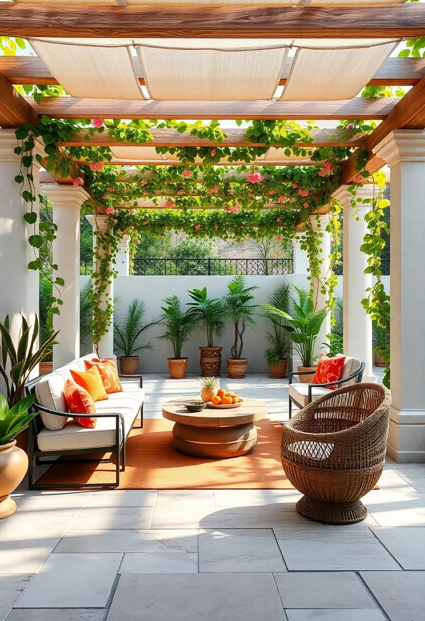 blend natural⁣ stone flooring with⁤ a pergola wrapped in vibrant passionflower⁢ vines for a luxurious, tropical feel