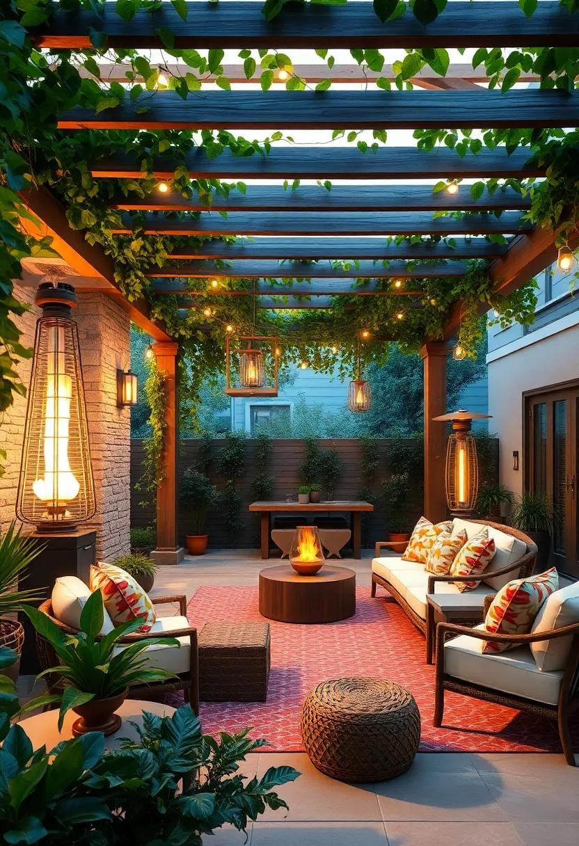 Combine a vine-covered pergola with outdoor heaters to extend your patio usability into cooler months