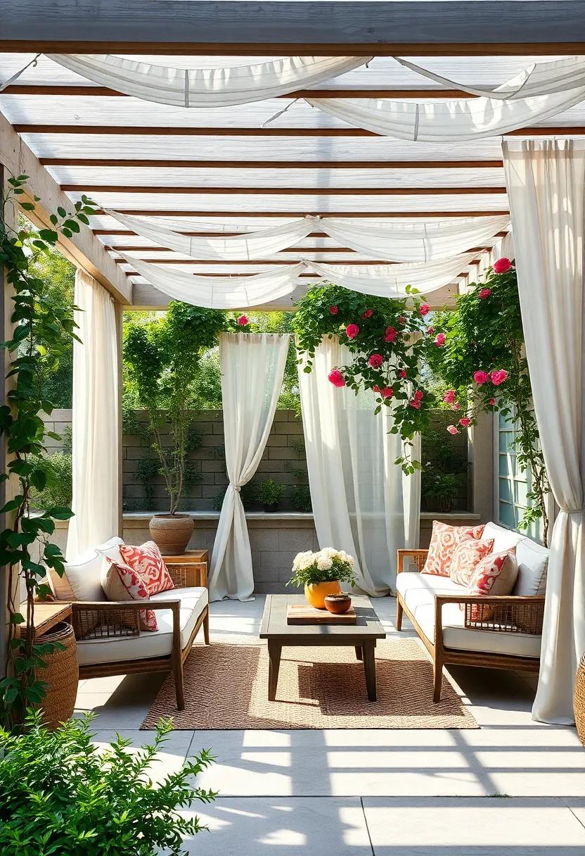 Create a⁣ romantic nook by draping soft, flowing curtains from a pergola adorned with climbing roses
