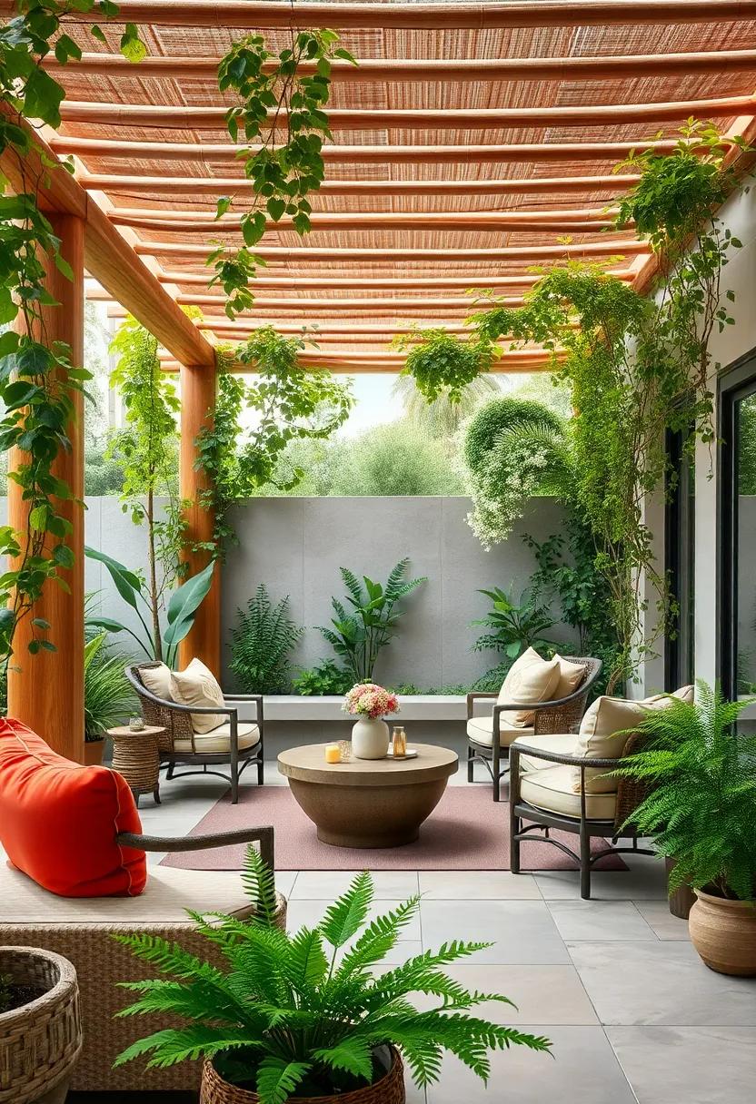 Design a Zen-inspired⁣ retreat featuring a bamboo pergola enveloped in jasmine and ‍green ferns for tranquility
