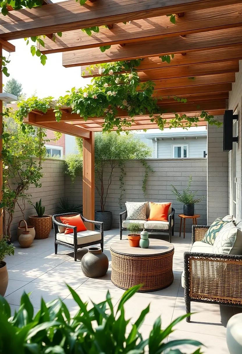 Elevate a small urban patio by using a slender pergola covered in jasmine, maximizing vertical space without crowding